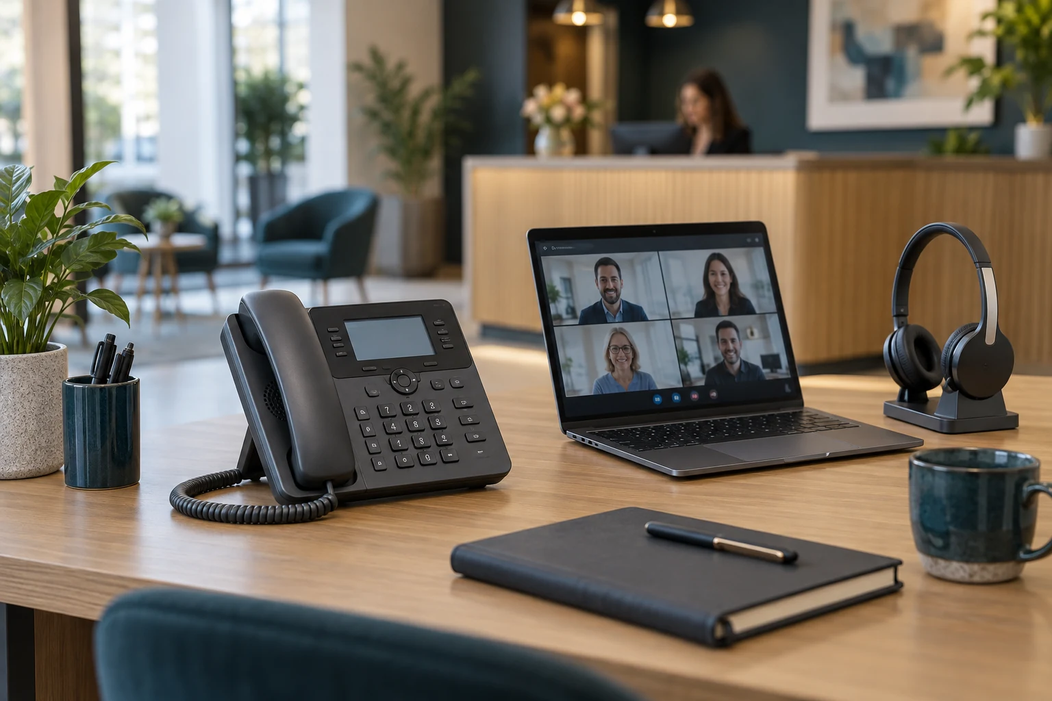 Illustration d’un poste de téléphonie professionnelle et de visioconférence