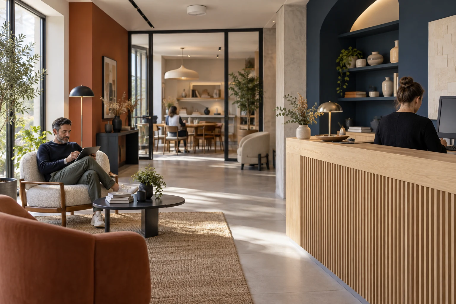 Scène illustrative d’un espace visiteurs et d’un comptoir professionnel dans un showroom