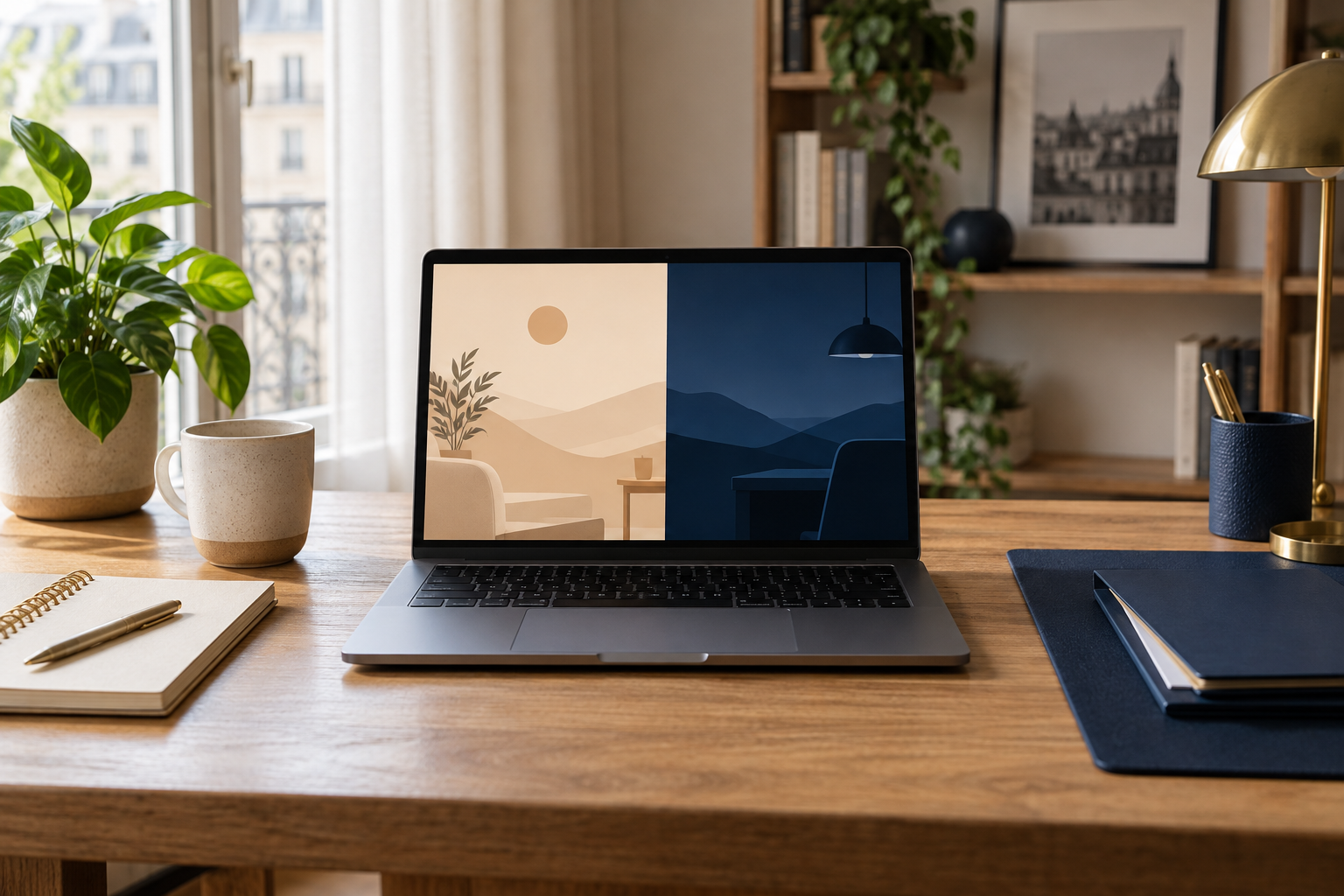 Illustration d’un ordinateur dans un bureau à domicile, entre objets personnels et documents professionnels